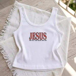 [Made in US] Jesus The Way The Truth The Life Ribbed Tank Top, Retro Jesus Embroidered Ribbed Crop Top