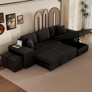 ARCH 104.5" Modern L-Shape 3 Seat Reversible Sectional Couch, Pull Out Sleeper Sofa with Storage Chaise and 2 Stools for Living Room Furniture Set, Charcoal Grey   WL RR