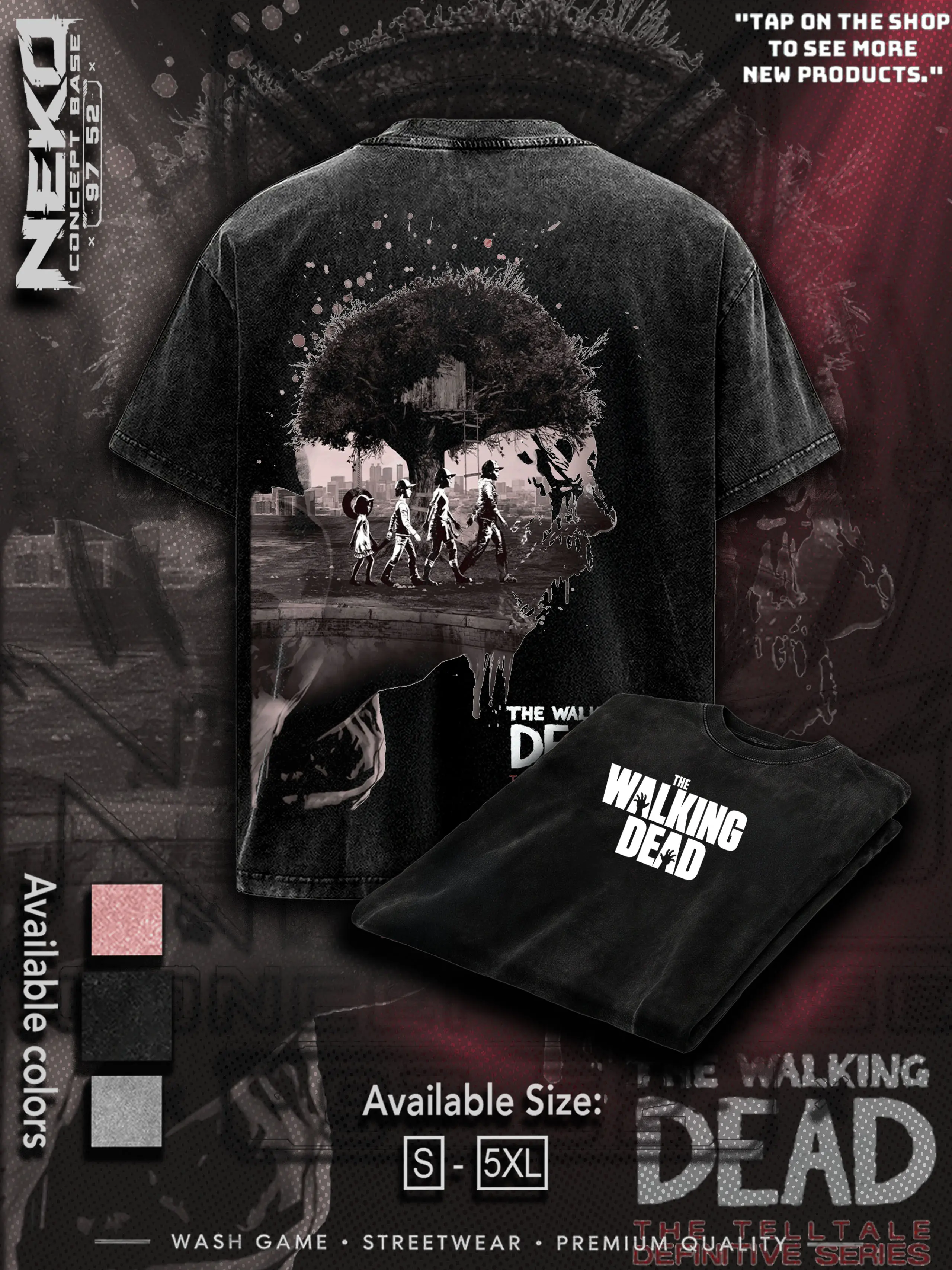 The Walking Dead Telltale Washed Tee, Vintage Streetwear Graphic T-shirt, Unisex Cotton Loose-Fit Men's Shirts, 90s Retro Zombie Horror Oversized Apparel, Trendy Summer Outfits Casual Tops, Gift for TWD Game Fan Merch