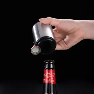 Premium Magnetic Bottle Opener Automatic Push Down Stainless Steel Beer Opener with Cap Catcher No Slip Grip for Kitchen Home Bar Commercial Use， coke shield frombugs， glass， easy fun