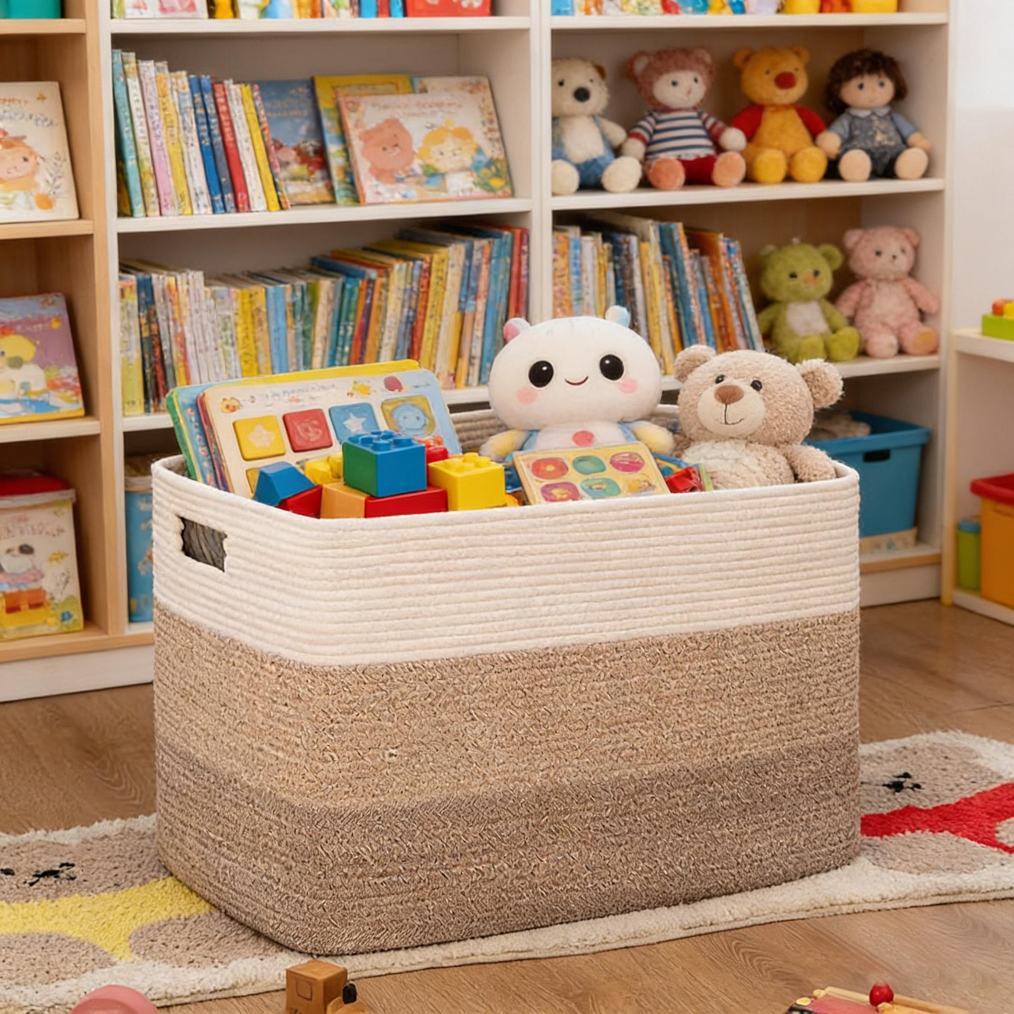 Large Cotton Rope Basket, Rectangular storage basket, suitable for storage, toy storage in children's rooms, and organizing baskets for toys with handles in living rooms