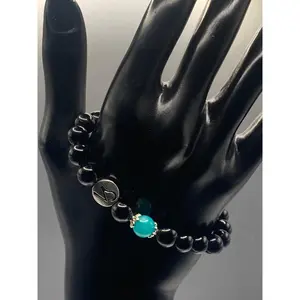Capricorn Zodiac black obsidian with aquamarine chalcedony elastic beaded bracelet with silver accents