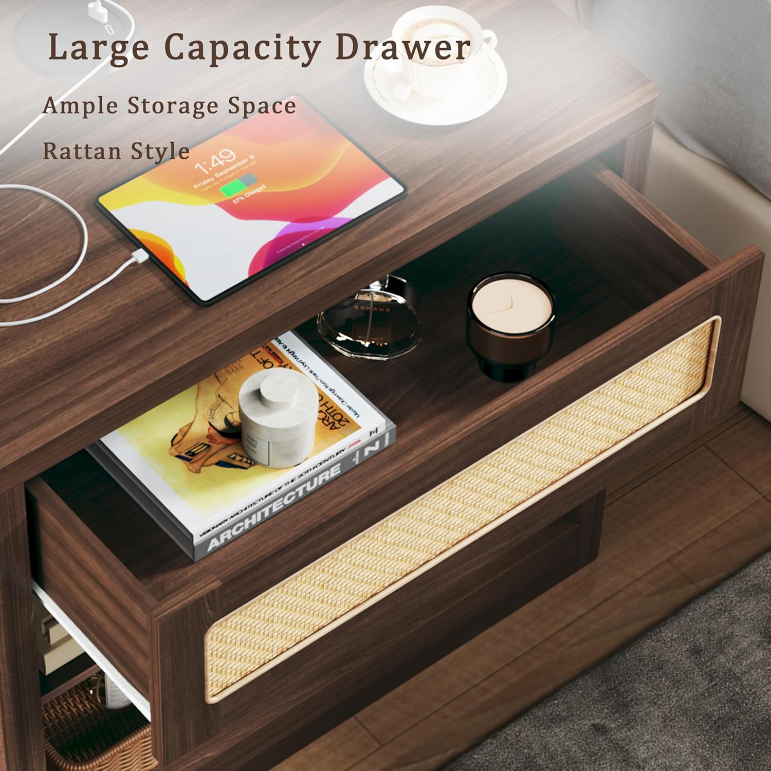 Wide Nightstand, 26" Mid Century Modern Wooden Night Stand, Rustic Bedside Table with Rattan Drawer, Large Side Table with Wireless Charging, Vintage End Table with Storage for Bedroom, Walnut