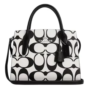 COACH Andrea 30 Tote Bag for Women – Classic Monogram Canvas and Leather, Silver and Chalk Multi-Color