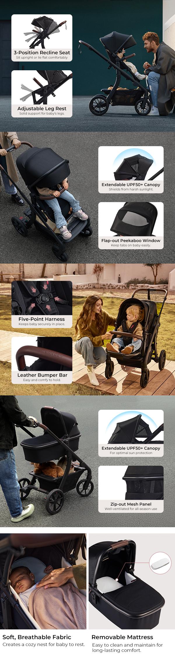 Momcozy ChangeGo Baby Stroller, Convertible Single-to-Double-to-Wagon Stroller with 23 Configurations, Bassinet and Seat Included, Large PU Wheels, All-Wheel Suspension ＆ Extendable UPF50+ Canopy