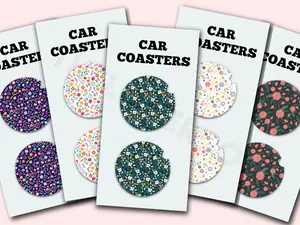 Floral Flowers Design Style Cute Car Coasters, Set of 2, Cute Aesthetic Car Coasters