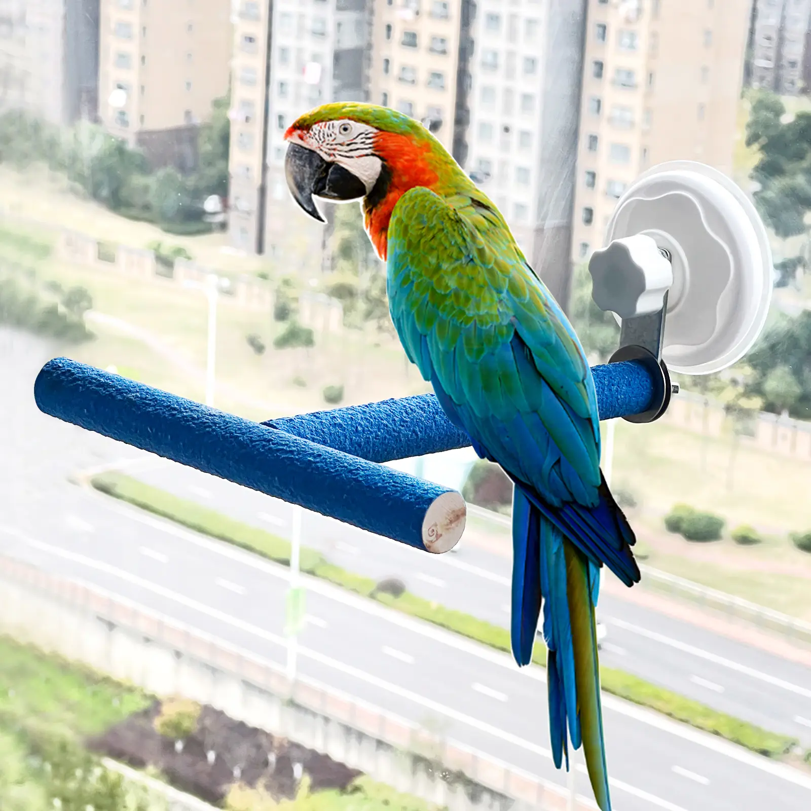 Movable Bird Perch Stand with Suction Cup for Window/Mirror/Car/Shower, Quartz Sands Wood Bird Training Perch Stand for Parrot Parakeet Cockatiel Conure Budgie Lovebird