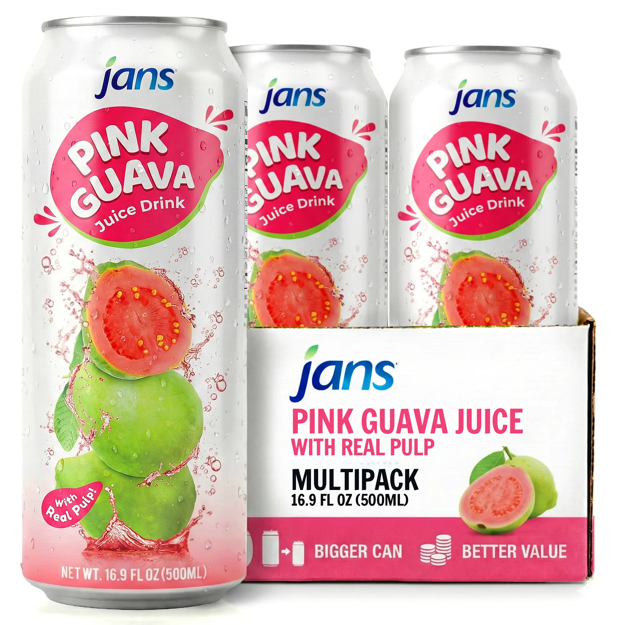 Jans Pink Guava Juice Drink with Real Pulp 16.9 oz (Pack of 12)