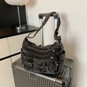 Denim large-capacity women's messenger bag commuter multi-compartment five-pointed star fashion lazy style American old shoulder bag Chic Shoulder Satchel Bag