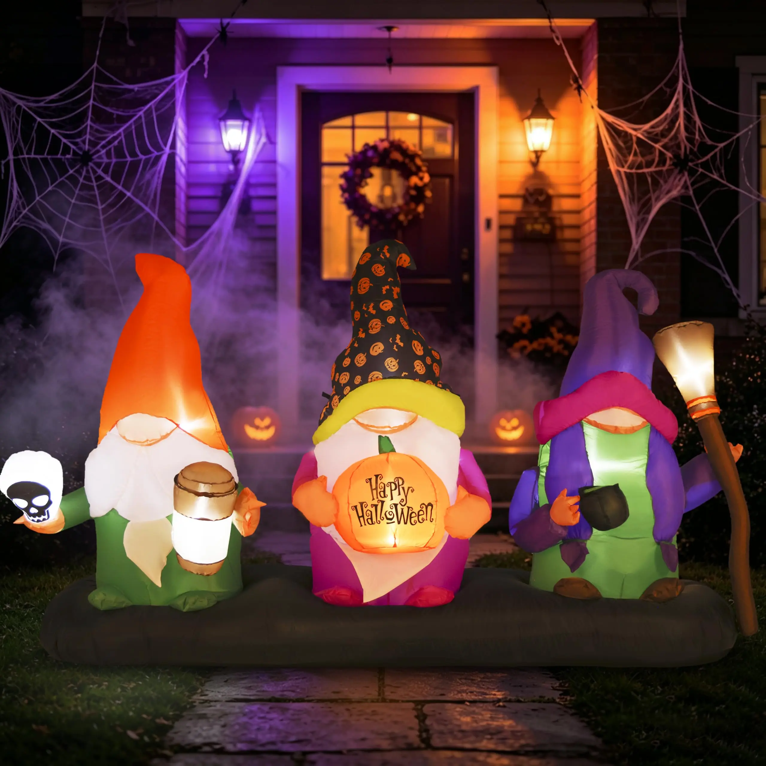 9 FT Standing Halloween Inflatable Gnome Kit - 3 Cute Gnomes with Pumpkins, Built-in LEDs, Colorful Giant Blow-Up Outdoor Lawn Halloween Party Decoration