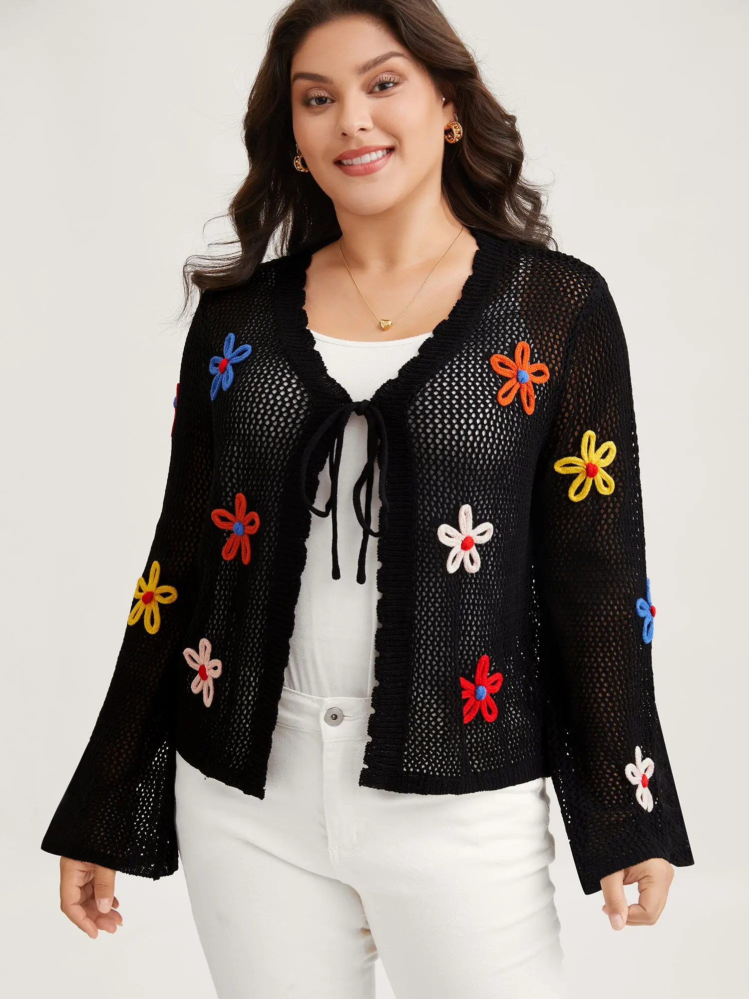 BloomChic Women's Long-Sleeve Knit Crop Cardigan - V-Neck Black Top with Colorful Floral Front-Tie, Loose-Fit Bell Sleeves, Flower Embellishments, Casual Kimono for Day Outings, Summerfinds