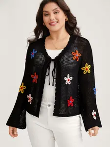 【 V-neck】 Bloomchic Black Acrylic Floral Front Tie Cardigan - Long Sleeve Crop Top with Colorful Flower Embellishments for Women Casual Wear Knitwear Kimono Womenswear