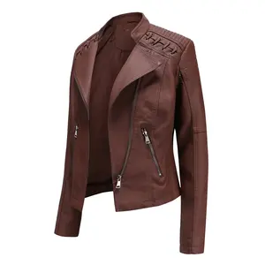 Classic Lapel Zip-Up Motorcycle Leather Jacket, Women's Short Slim-Fit Leather Jacket, Suitable For All Seasons, Perfect For Commuting Or Casual Wear.