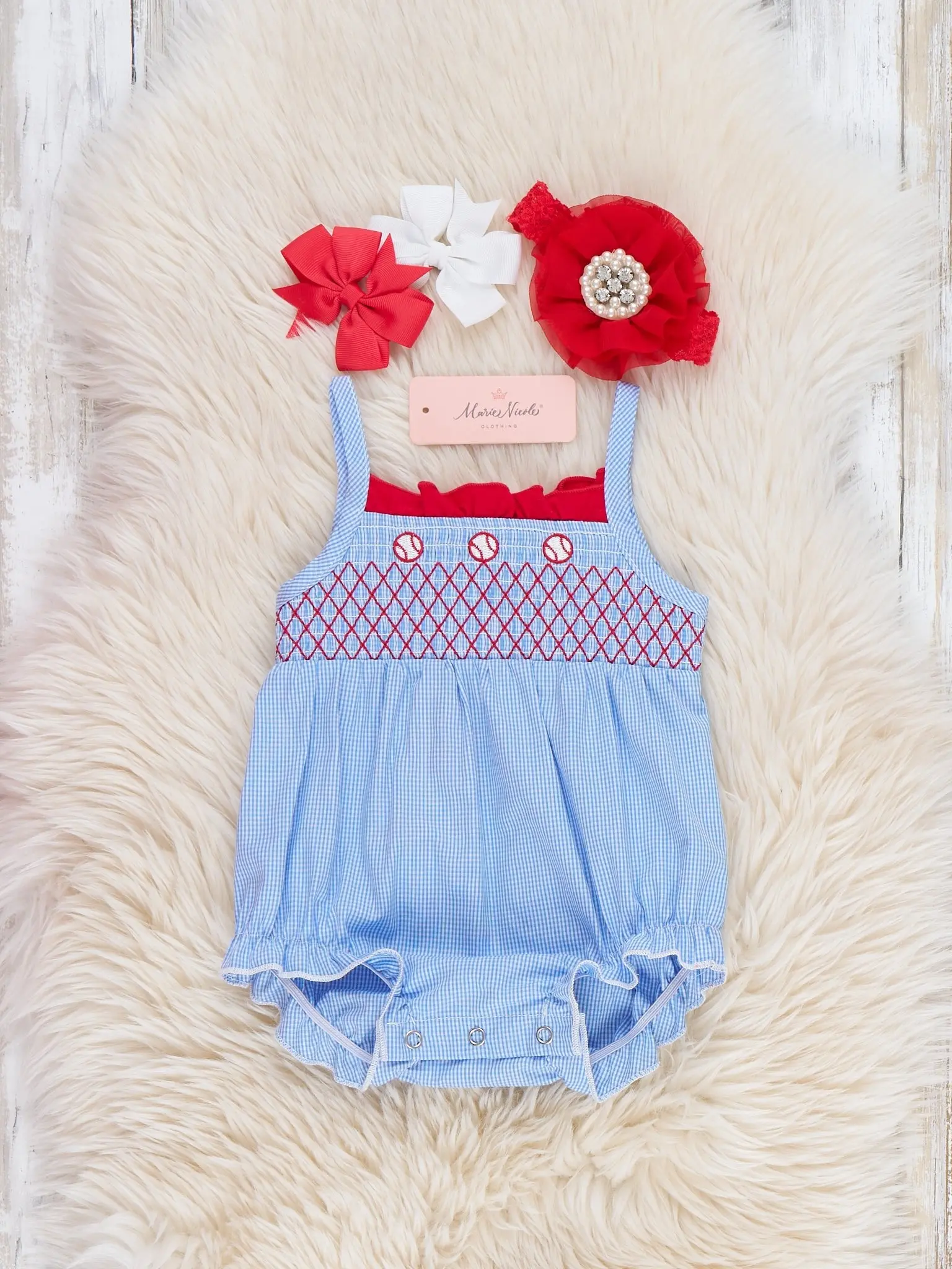 Tiny Baseball Smocked 100% Cotton Bubble Romper