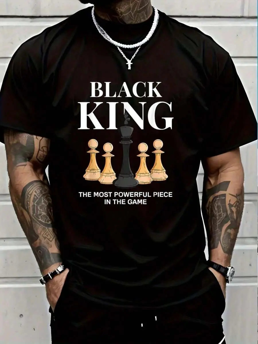 Men's Graphic Tshirt with King Chess & Flower Print, Regular Fit Shortsleeve Top in Soft 100% Stretch Cotton