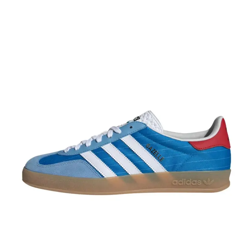 Adidas Gazelle Indoor Retro Sports Shoes - Olympic Blue Men’s Trainer, Old School Cool Daily Casual Walking Footwear, Walking Shoes, Athletic, Satin, Olympic Blue/Red/Gum, Pinstripes, Striped, Indoor Use, Gold-Foil Gazelle Branding, If9643