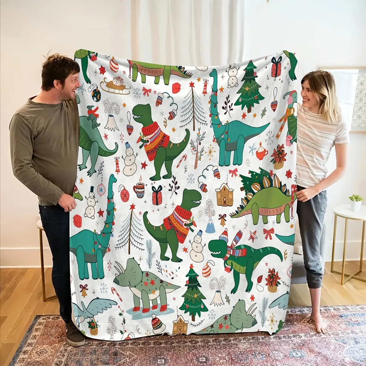 Extra Large Fluffy Fleece Dinosaur Print Blanket - Christmas Gift Soft All-Season Throw with Green Dinosaurs, Snowmen, Gingerbread Men, Trees for Couch, Bed