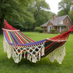 Extra-Thick Canvas Outdoor Hammock – Deluxe 2-Person Rocking Hammock featuring Wooden Spreader Bars, Fishtail Knot Weaving, and Extra-Thick Ropes.Ideal for Outdoors, Gardens, Patios, Outings, and Wedding Decor.Includes a Free Storage Bag.