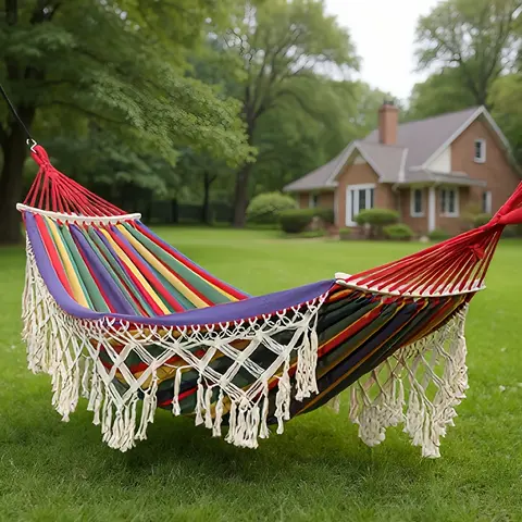 Durable Twin Canvas Hammock Swing with Sturdy Wooden Spreader Bars, Extra-Thick Fish-Tail Support Weave, Portable Suspension - Outdoor Porch Swing, Backyard Hammock for Camping & Adults