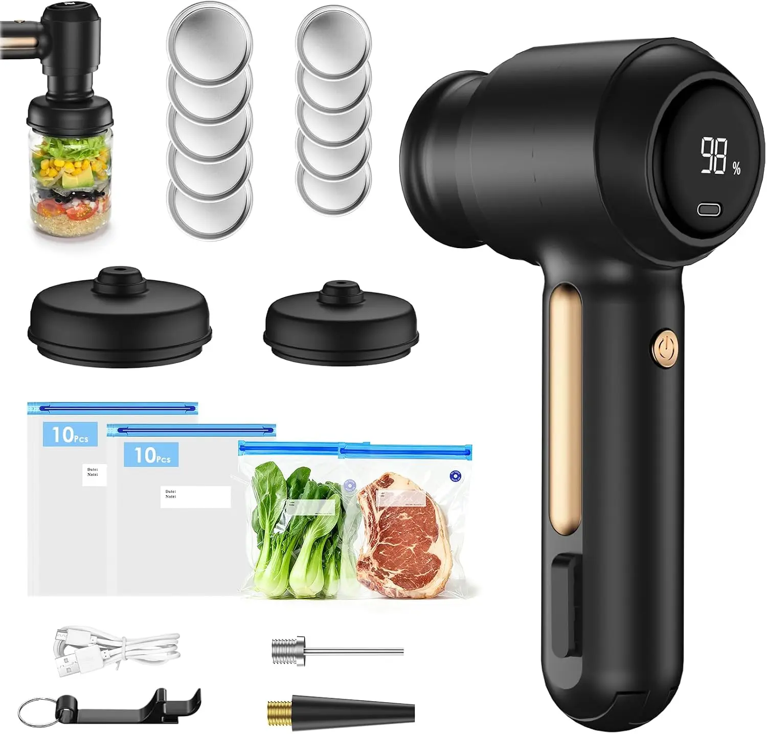 Rechargeable Handheld Vacuum Sealer Machine, USB Chargable Food Vacuum Sealer With Digital Battery Indicator, Complete Set With Vacuum Bags, Mason Jar Lids For Food Storage & Meal Prep