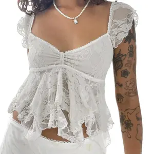 Elegant Lace Trimmed V Neck Crop Top with Flutter Sleeves and Double Layered Lotus Hem for Women S Summer Style NONE