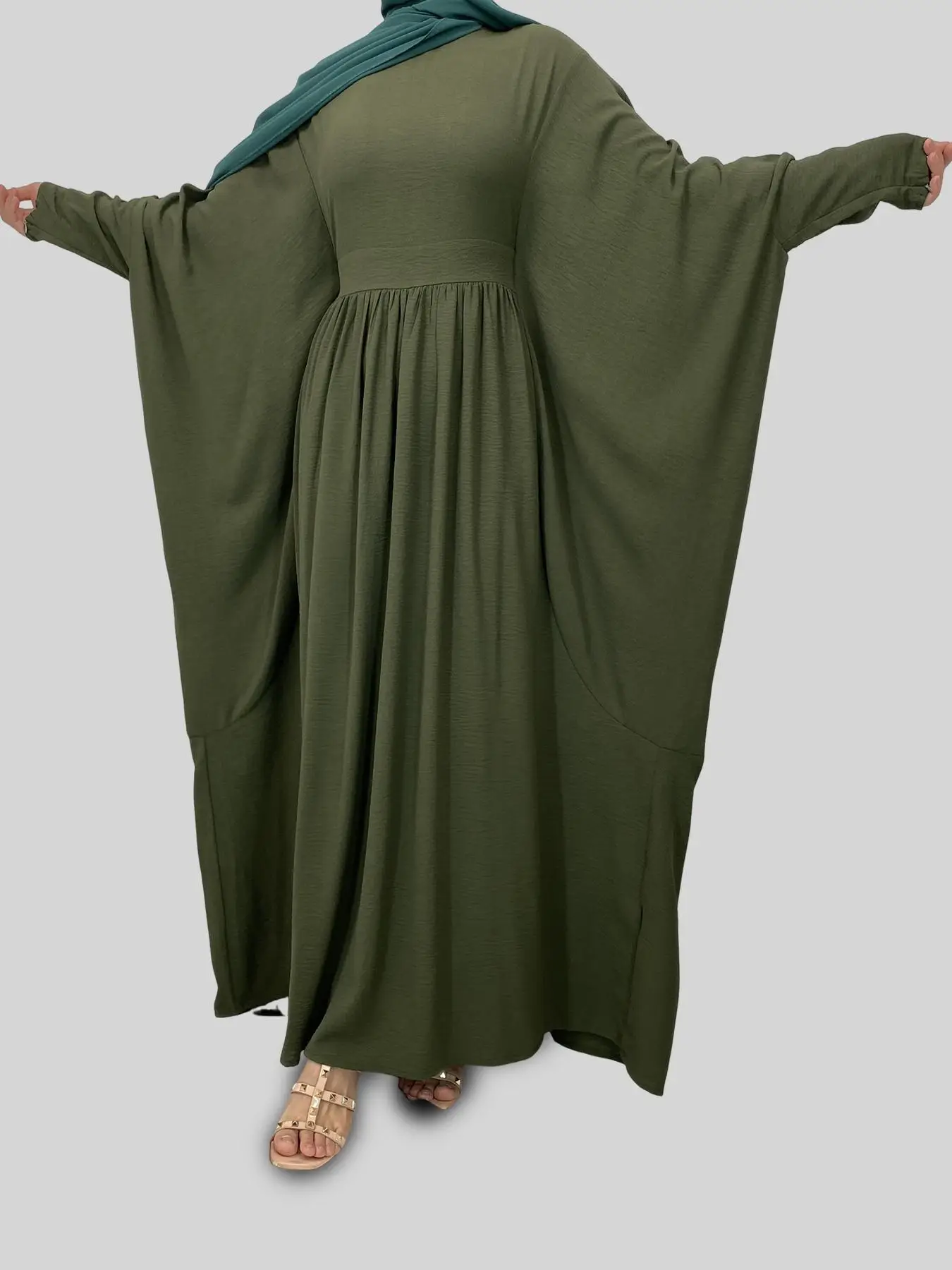 Women's Solid Color Batwing Sleeve Dress, Modest Fashion Long Sleeve Round Neck Dress for Daily Outdoor Wear, Women's Islamic Clothing for All Seasons