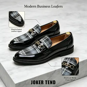 Men's Plaid Horsebit Loafers - Patent Leather Slip-On Formal Business Casual Shoes, Comfortable Pointed Toe Dress Shoes for Work & Daily Wear Office Footwear Premium Footwear Black