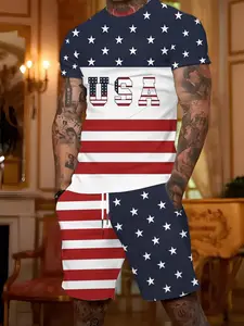 American Flag Pattern Men's Sports Set, Athletic Sportswear, Short Sleeve T-Shirt and Shorts Two-Piece Set, Summer Casual Fashion, Slim-Fitting