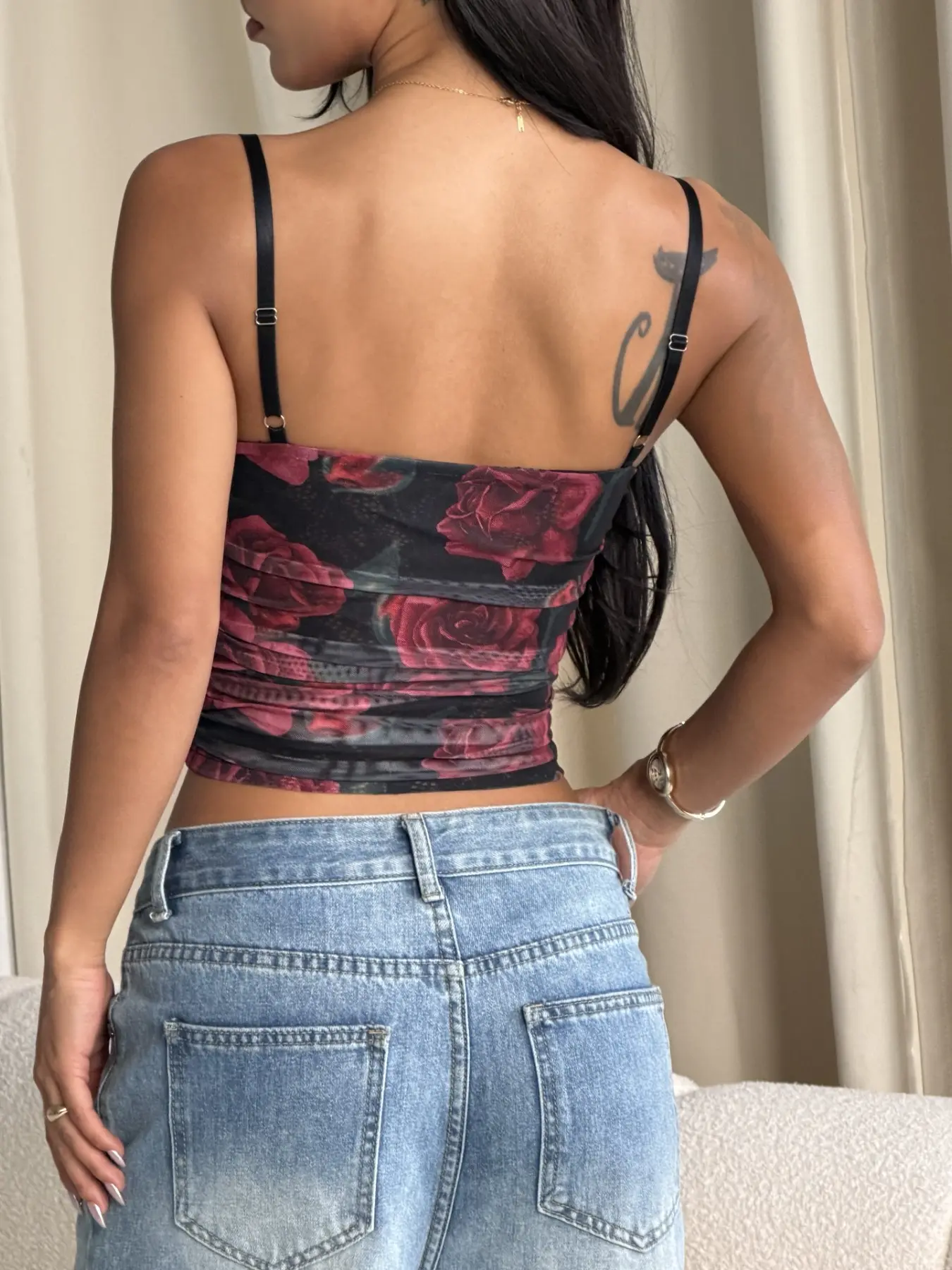 Rose Floral Print Lace Trim Cami Top Sleeveless Sexy Slim Fit 