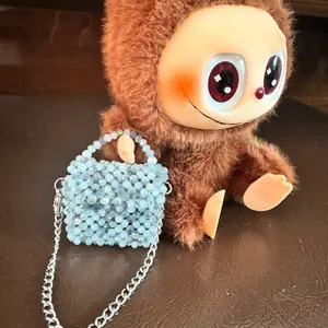 Handmade Mini Beads Bag for Labubu Decoration - Blue Beaded Purse with Chain Strap for Adorable Accessory