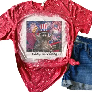 4th of July - Bad Day To Be A Hotdog Raccoon Bleached Shirt Comfy Unisex Jersey Top Casual Vintage Style Short Sleeve Crew Neck Medium Length