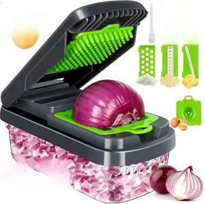 Vegetable Chopper,12-in-1 Multifunctional Food Chopper,Professional Onion Chopper with 7 Blades,Vegetable Cutter with Container for Salad,Potato,Carrot,and Garlic; Essential Kitchen Tool(Grey)