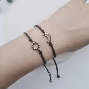 2Pcs / Set Sun & Moon Charm Bracelets for Women Men ,Handmade Braided Rope,Adjustable Bracelets Couple Friendship Jewelry Gift