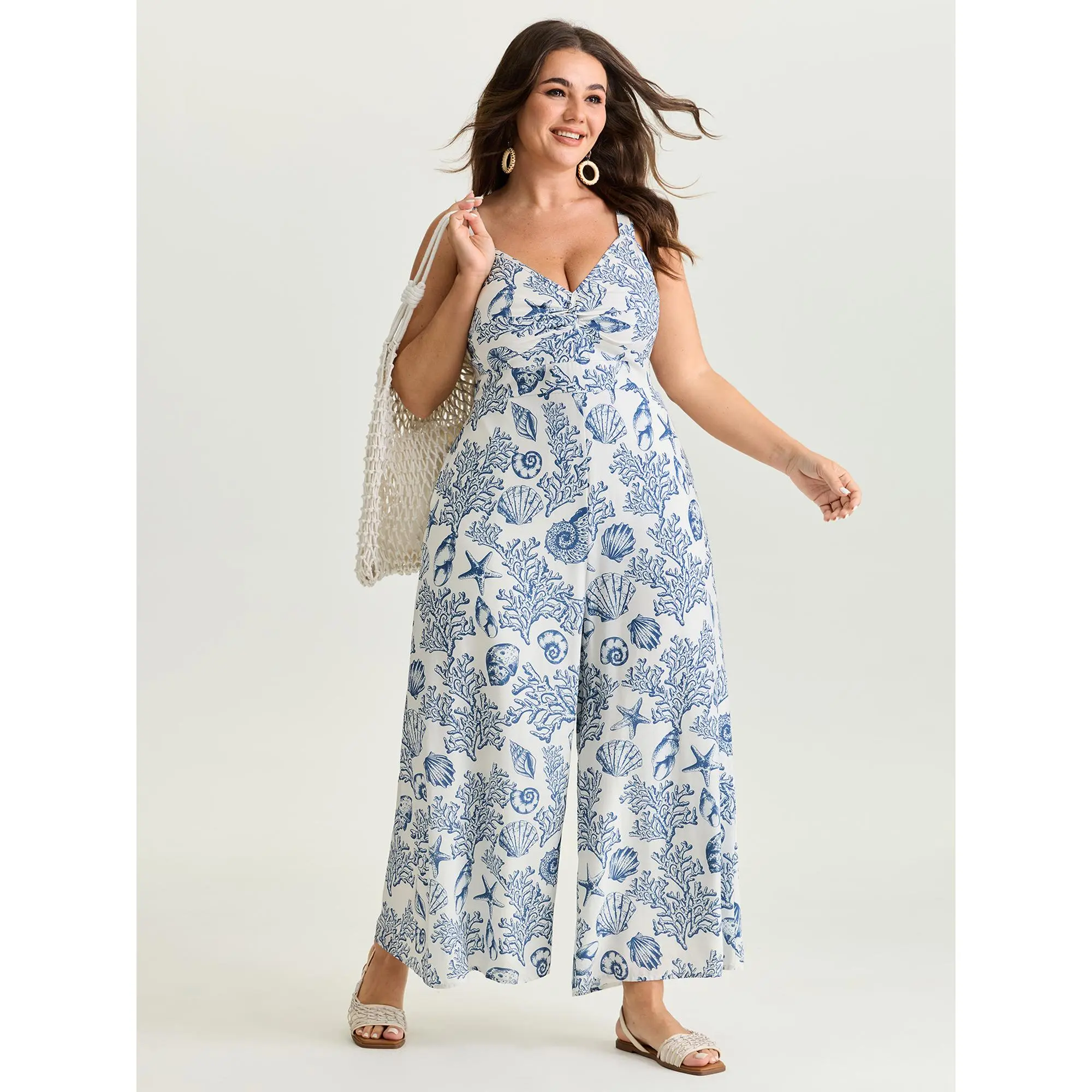 BloomChic Women's Plus Size Bohemian Rayon Overalls - V-Neck Marine Print Twist Front Wide-Sleeve Garment with Pockets, Polyester-Blend Lady's Resort & Summer Wear, Women's Clothes, Jumpsuits For Women