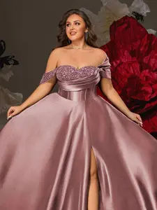 Plus Size One Shoulder Dress, Slimming Sequin Satin Long Gown, Luxurious Evening Party Dress, Elegant Slit Princess Dress