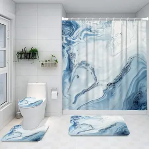 Marble Pattern Bathroom Accessories, 4 Counts/set Including 1 Shower Curtain & 1 Toilet U-shape Mat & 1 Rectangular Mat & 1 Toilet Lid Cover, Bathroom Decor Supplies