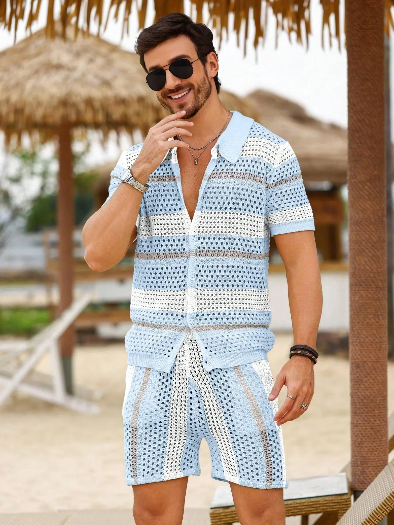 Men's Hollow Out Knit Sweater Spring Summer Thin Loose Casual
