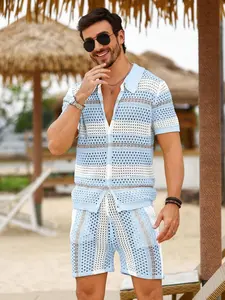 Men's Hollow Out Knit Sweater Spring Summer Thin Loose Casual Matching Set Vacation Style Beach Versatile Layered Set