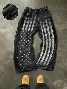 Men's Casual Cotton Sports Pants, Star Stripe Print, Street Style, Drawstring Waist, Ankle Length, Fitted, Geometric Design, All Seasons
