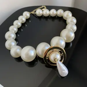 [Vivienne Vibes] Luxury Chunky Pearl Saturn Choker Necklace| Vintage Baroque Teardrop Pendant| Elegant Planet Orb Necklace for Women| Aesthetic Goth Punk Jewelry Gift