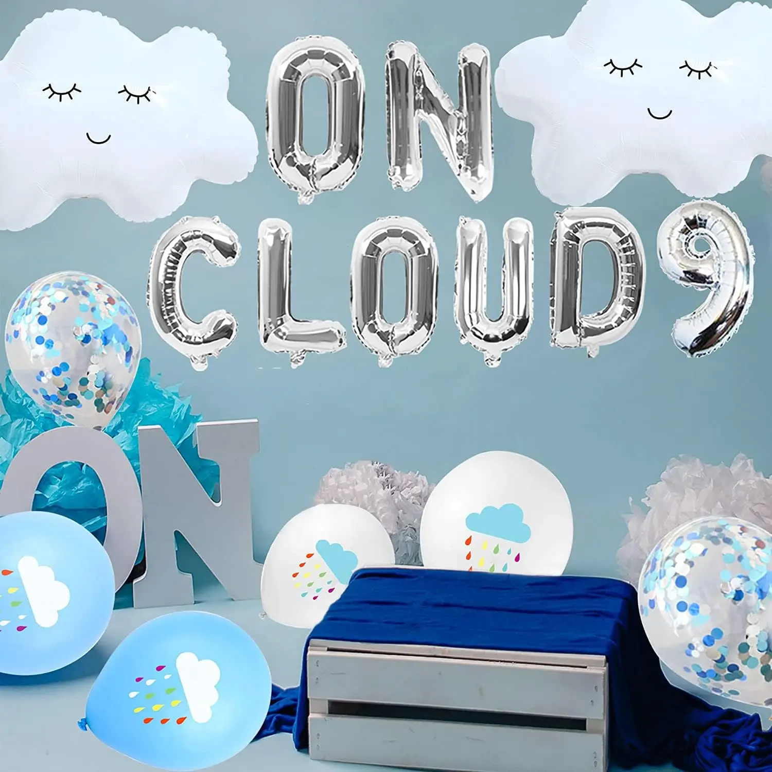 13-Piece Silver On Cloud 9 Balloons, 9th Birthday Party Supplies, Festive Decoration Cloud Balloons for 9-Year-Olds