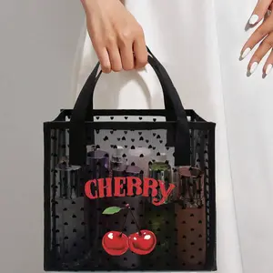 Transparent Mesh Handbag with Dual Handles, Cherry Fruit Letter Pattern, Large Capacity, Transparent Cosmetic Storage Bag