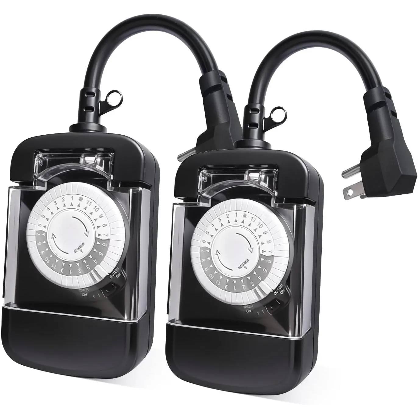 Heavy-Duty 125V Outdoor Mechanical Timer Switch, 24-Hour 0.5ft Cord, 2 Ground Outlets, 30-Min Variable On/Off Control, 48-Pin Dial, 24 Daily Events, ETL Listed, Black for Christmas Lights, Fountain