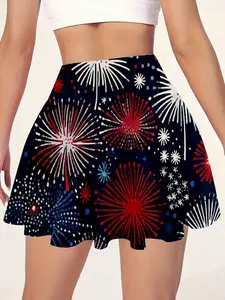 Summer Women's Lightweight Sporty Tennis Skirt and Shorts Set with Pockets, Firework Print, Ideal for Running Yoga Fitness, Workout Skorts
