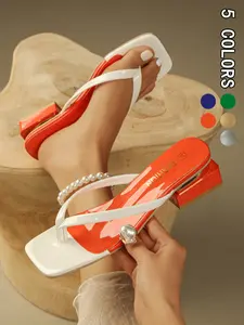 Women's Colorblock Square Toe Thick Heel Sandals, Fresh Vacation Style Casual Versatile Summer Shoes, Must-Have Beachwear