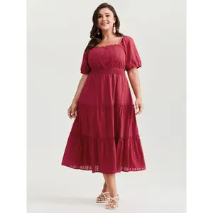 BLOOMCHIC Women's Plus Size Casual Short-Sleeve Midi Dress - Polyester & Cotton Fabric Fit Scarlet Red Swimweek