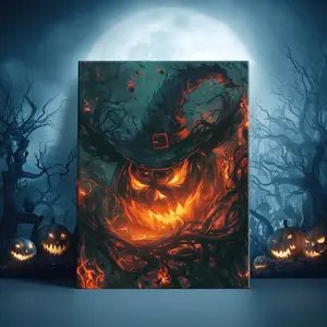 1 Count Wooden Framed Canvas, Halloween Flaming Pumpkin Poster, Halloween Decorative Poster, Funny Poster, Horror Poster Party Hanging Picture, Modern Art For Living Room, Bedroom, Family Decoration, Ideal Gift, Waterproof, Print, Wood Wall Art