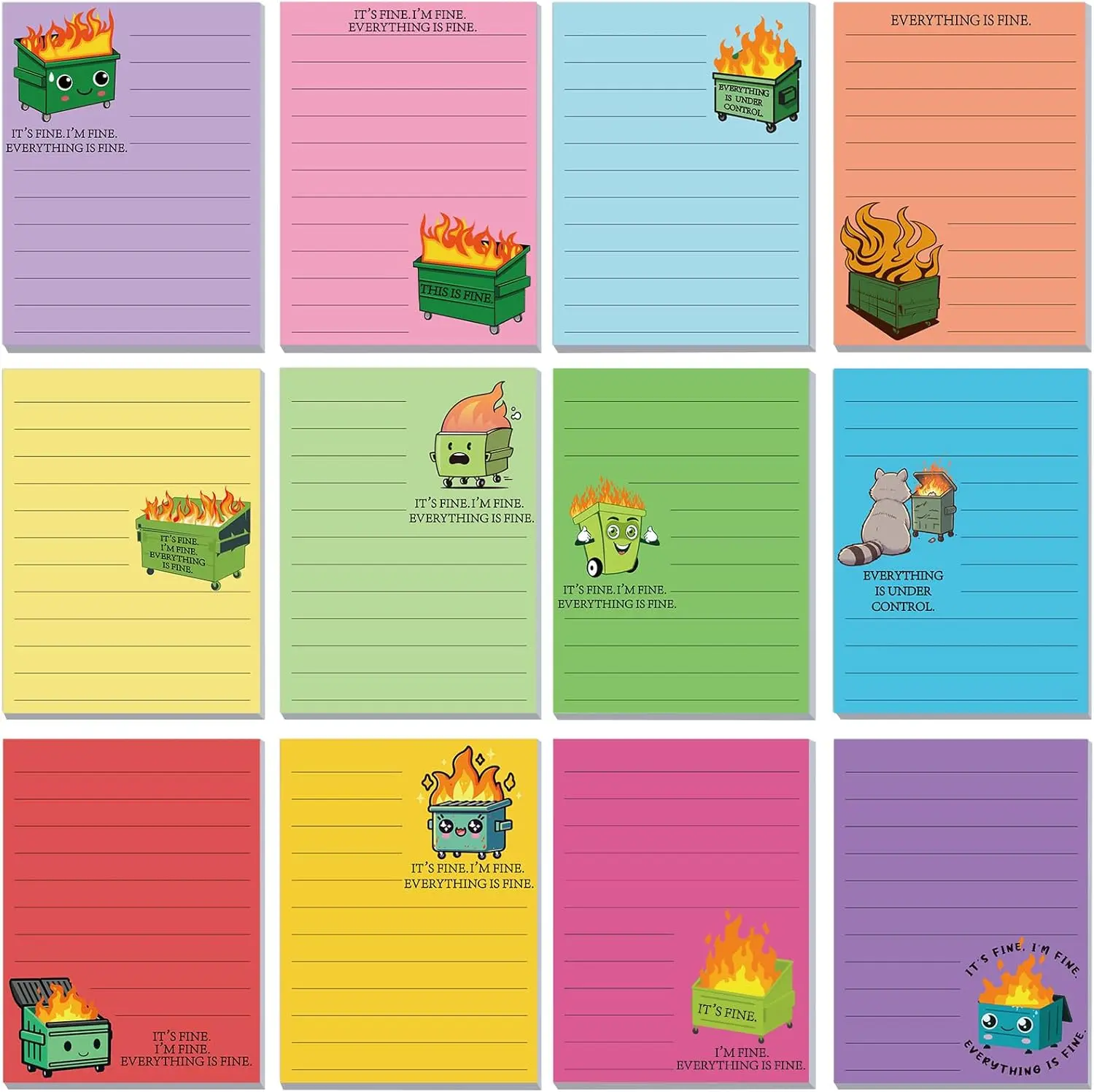 12-Count Pack Humorous Paper Sticky Notes, 4×3 Inches Sarcastic Self-Adhesive Memo Pads with Funny Messages, Multi-Color Designs for Employee Appreciation Gifts, Office Reminders (Dumpster Fire-Lines)