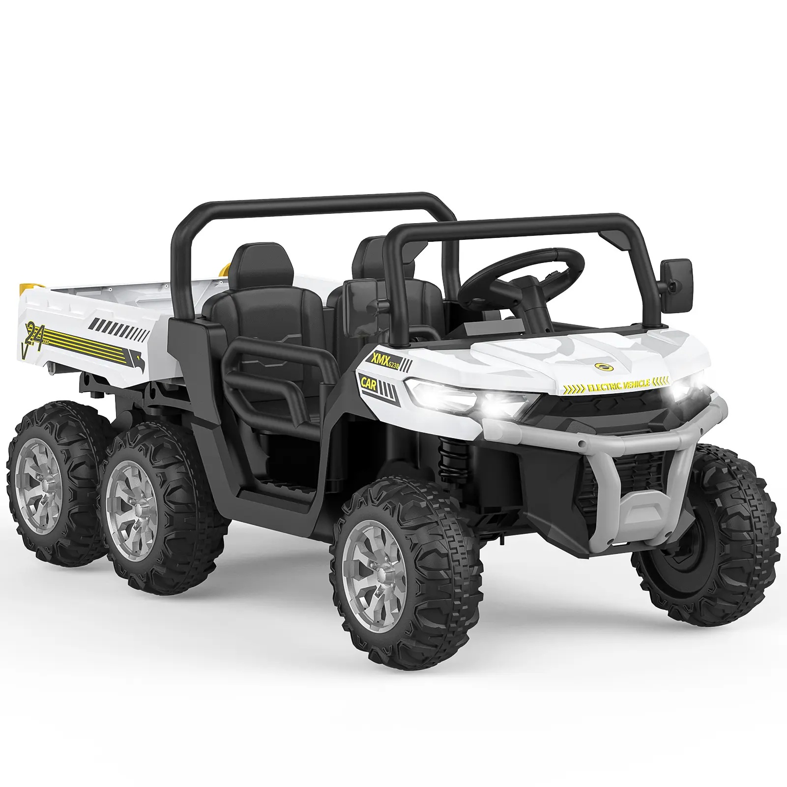 【Christmas Gift】24V Kids Battery-Powered Electric 6-Wheel Ride-On Tractor with Tipping Bucket, Remote Control, LED Lights, Music, Adjustable Seat Belts, Grid Windshield, Lockable Doors (White)