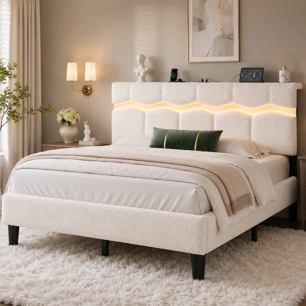 Raybee Boucle Bed Frame with LED Lights & Charging Station, Upholstered Platform Bed Frame for Queen/King/Full, Storage Headboard, 7.9" Under-Bed Space, 880 lbs Capacity, No Box Spring Needed for Apartment Bedroom, Gray #tiktokshopsummersale